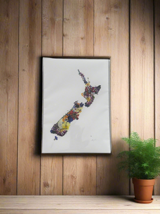 Print - Pressed NZ Flowers - Map of NZ